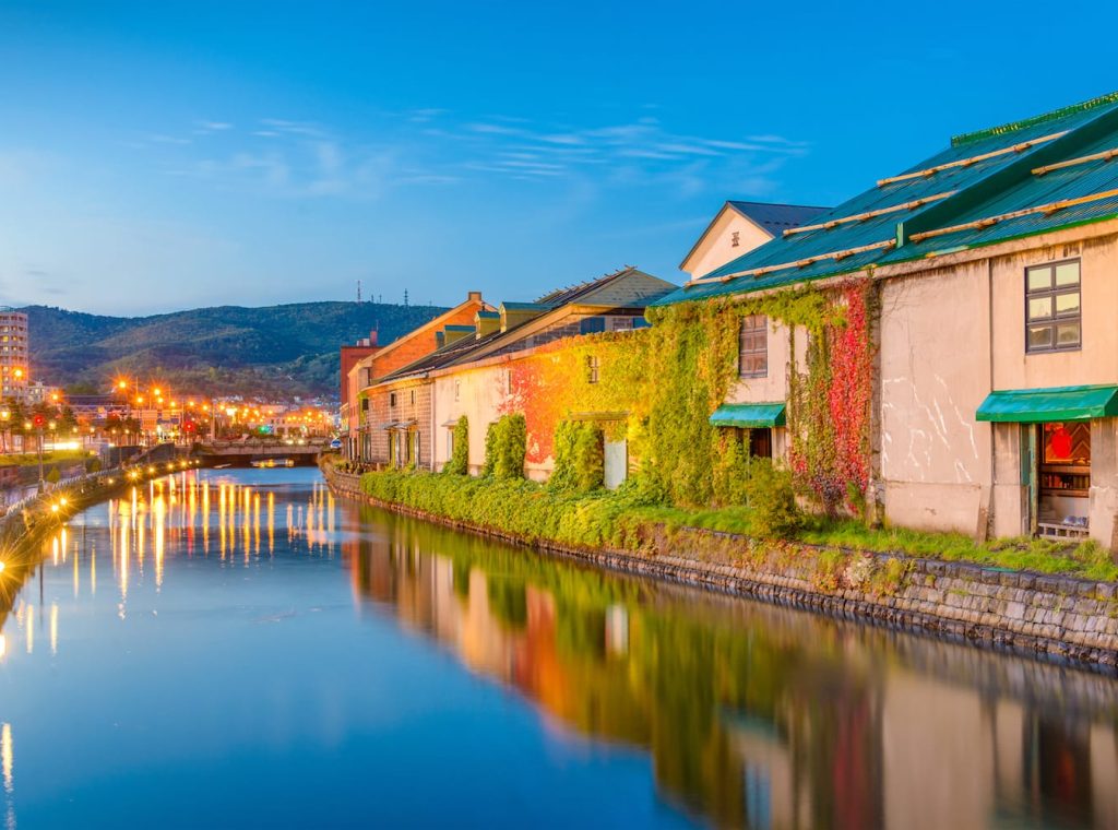 Historic Otaru Canals in Otaru, Hokkaido Prefecture, Japan at twilight.