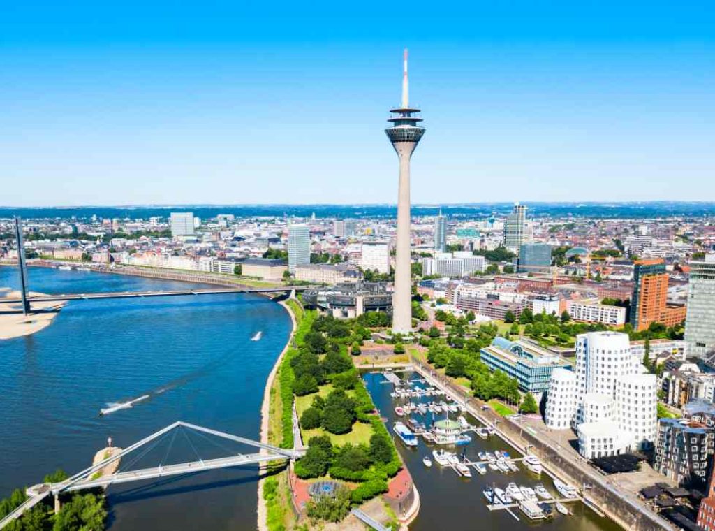 Rheinturm and Media Harbour district in Dusseldorf city in Germany