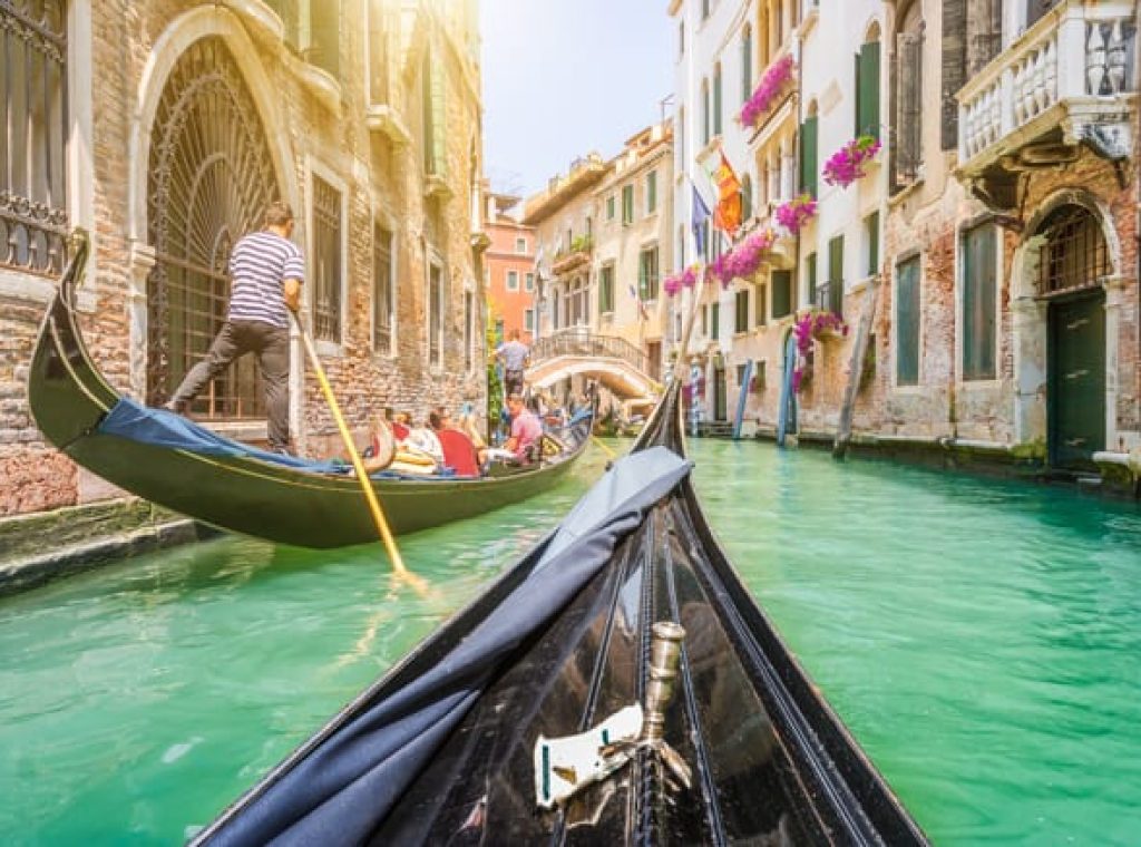 Traditional,Gondolas,On,Narrow,Canal,In,Venice,,Italy,With,Retro